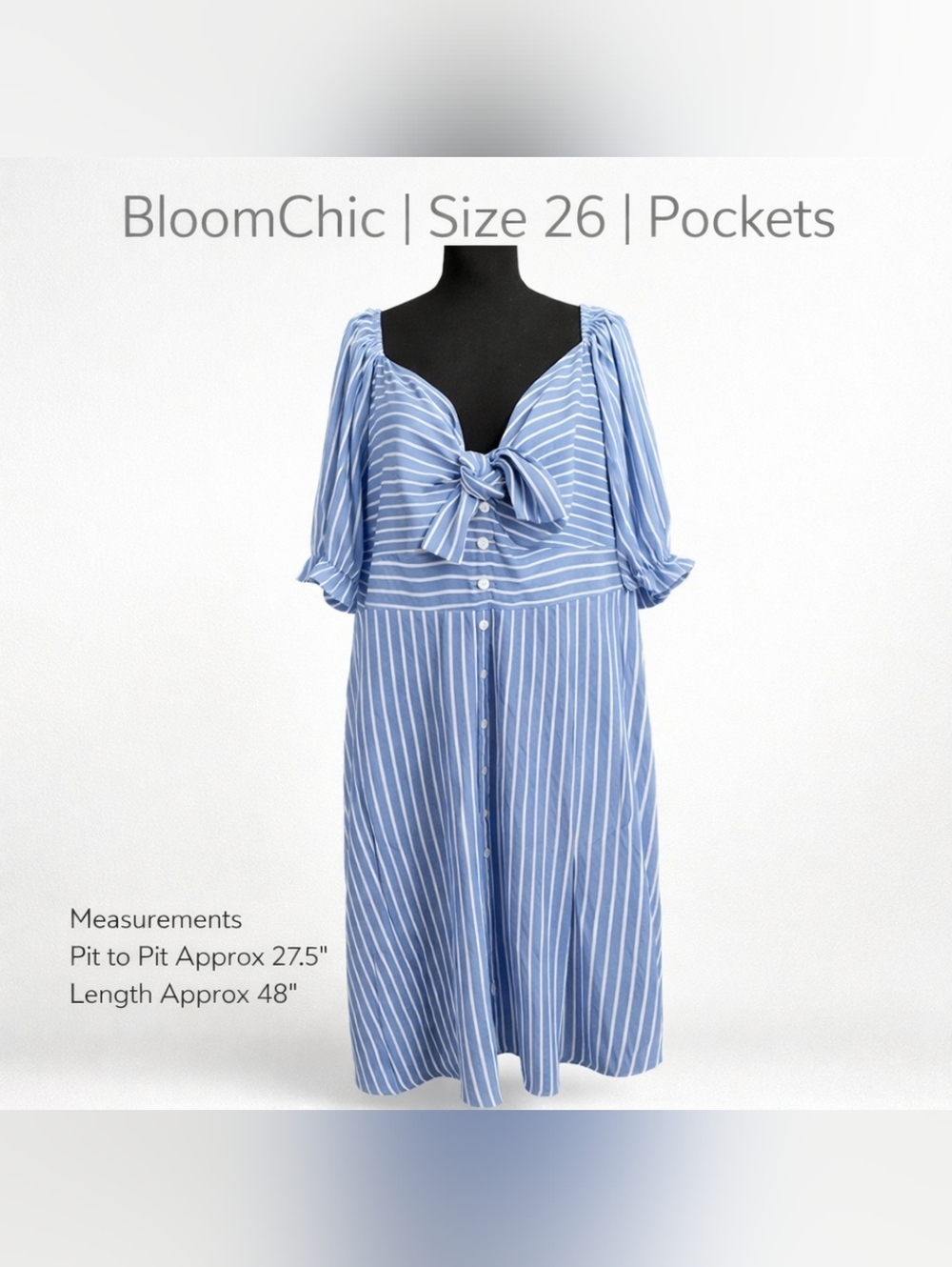 BloomChic Size 26 Blue White Striped Midi Dress NWT Tie Front Pockets